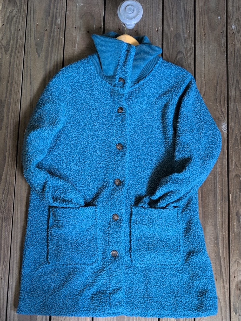 Lands' End Teal Blue Teddy Driving Coat with Button Front